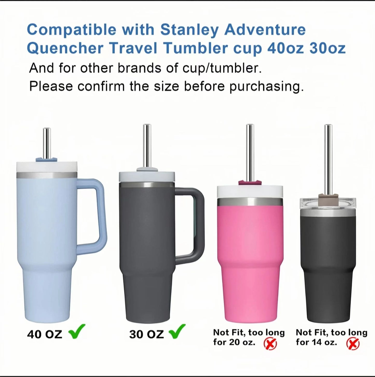 Stainless Steel Straw Replacement for Stanley 40 oz 30 oz Travel Tumbler Cup 9 Pack set30cm Reusable Straws with Cleaning Brush