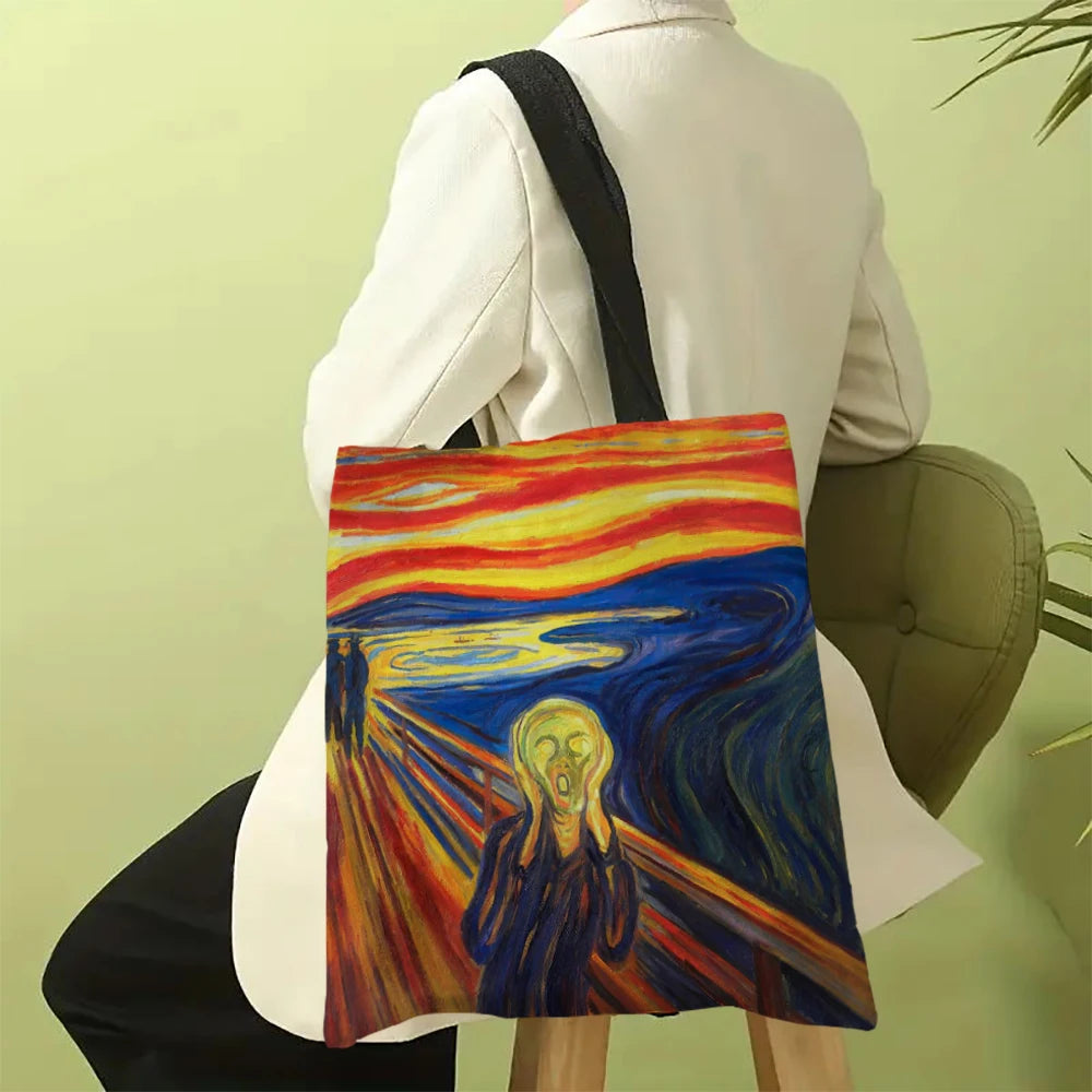 Oil Painting Printed Linen Bag Women's Lightweight Tote Bag Daily Handbag Multi-functional Shopping Bag