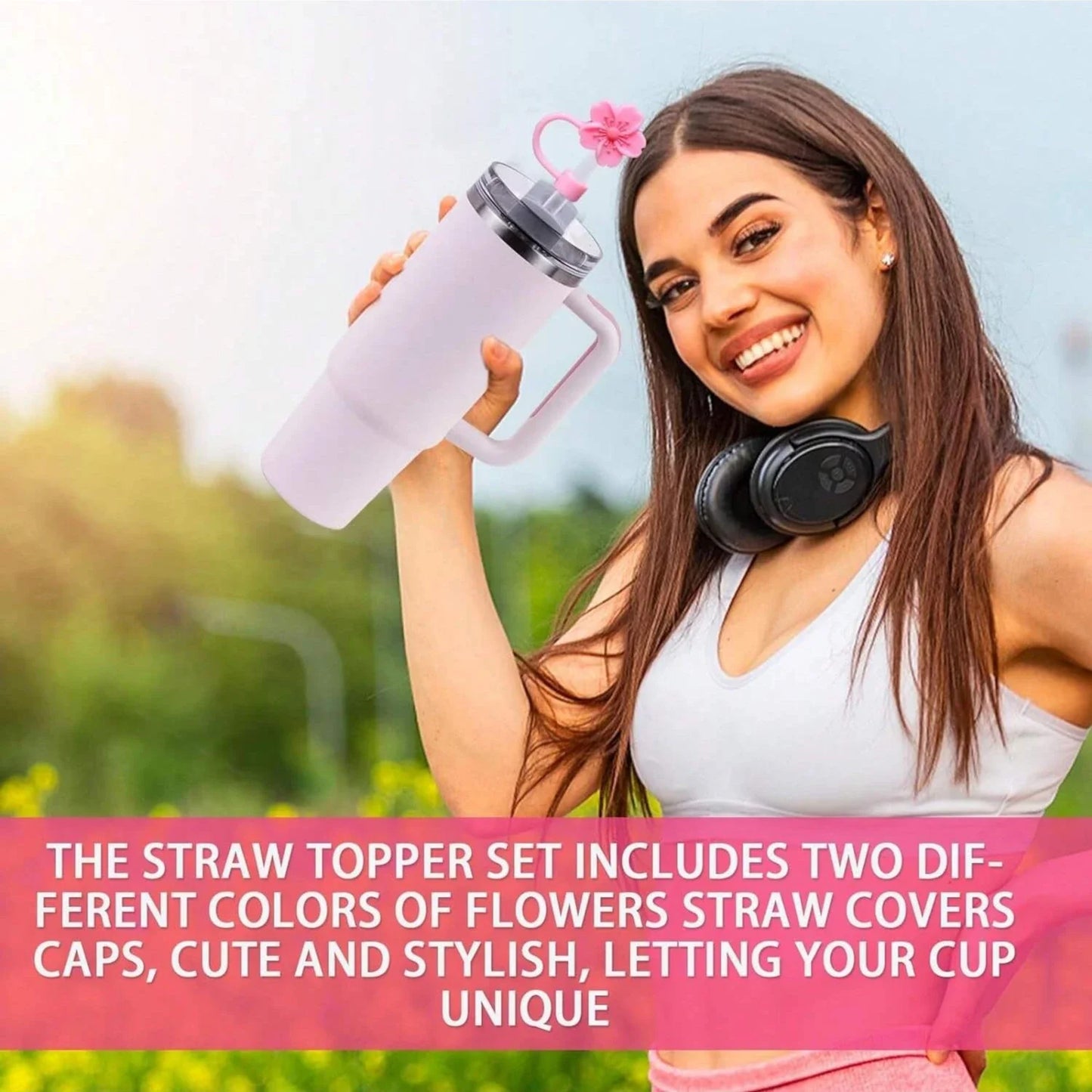 Begonia Flower Straw Cover Cap for Stanley Cup 10mm Silicone Straw Tips Lids Reusable Dust-Proof Straw Topper for Party Decor