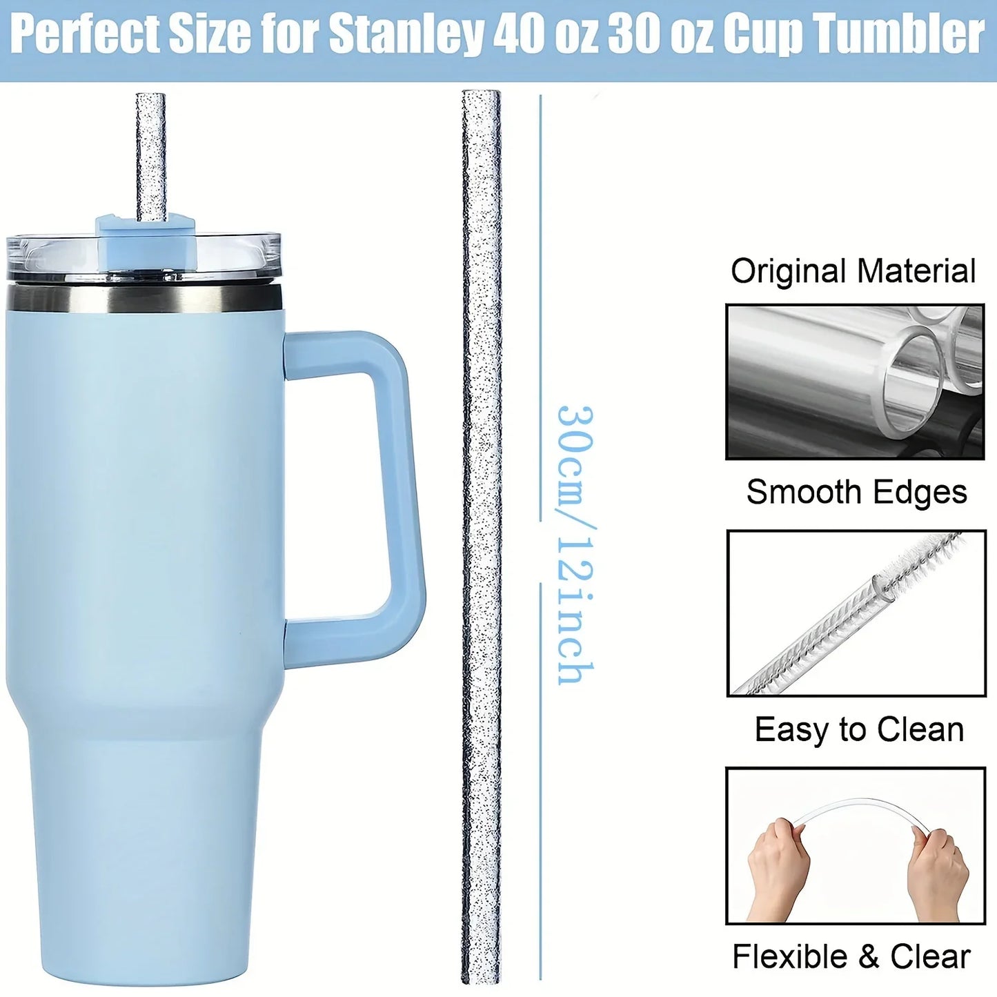 10 Pack Replacement Straws for Stanley Tumbler Color Glitter Reusable Plastic Straws with 2 Cleaning Brush 12 in for Stanley Cup