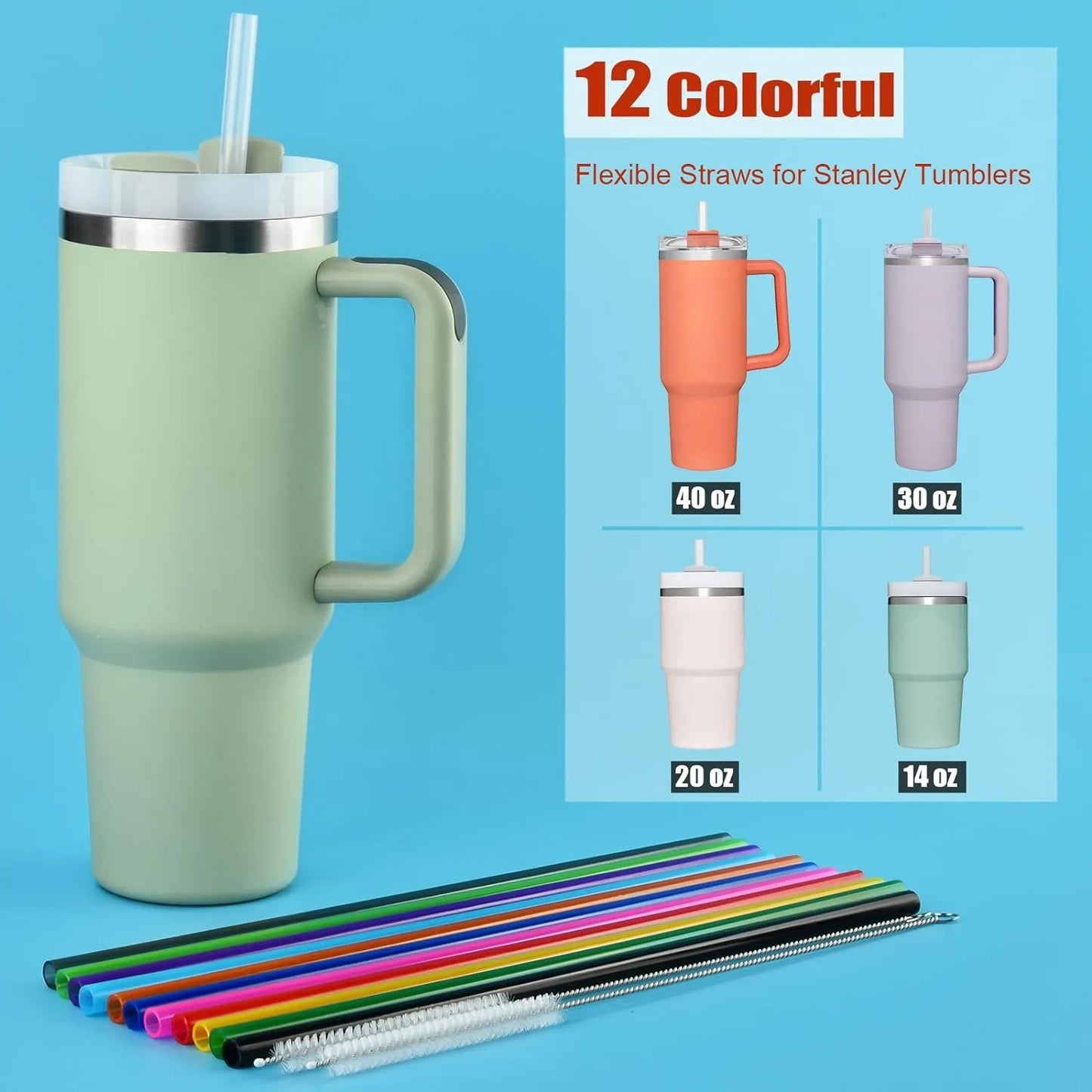 12 Pack Color Replacement Straws for 40 oz 30 oz Tumbler, 12 in Long Reusable Plastic Straws for Cup Accessories