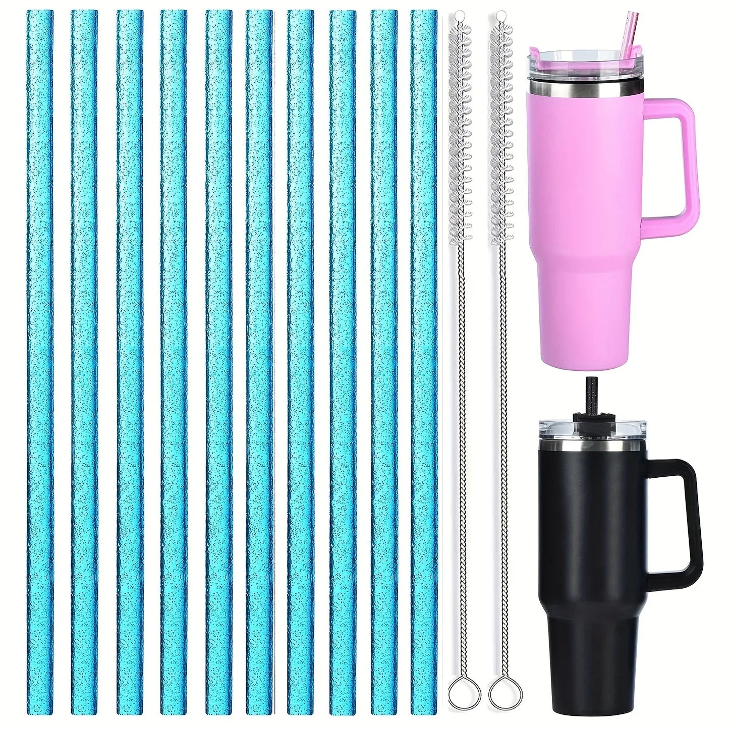 10 Pack Replacement Straws for Stanley Tumbler Color Glitter Reusable Plastic Straws with 2 Cleaning Brush 12 in for Stanley Cup