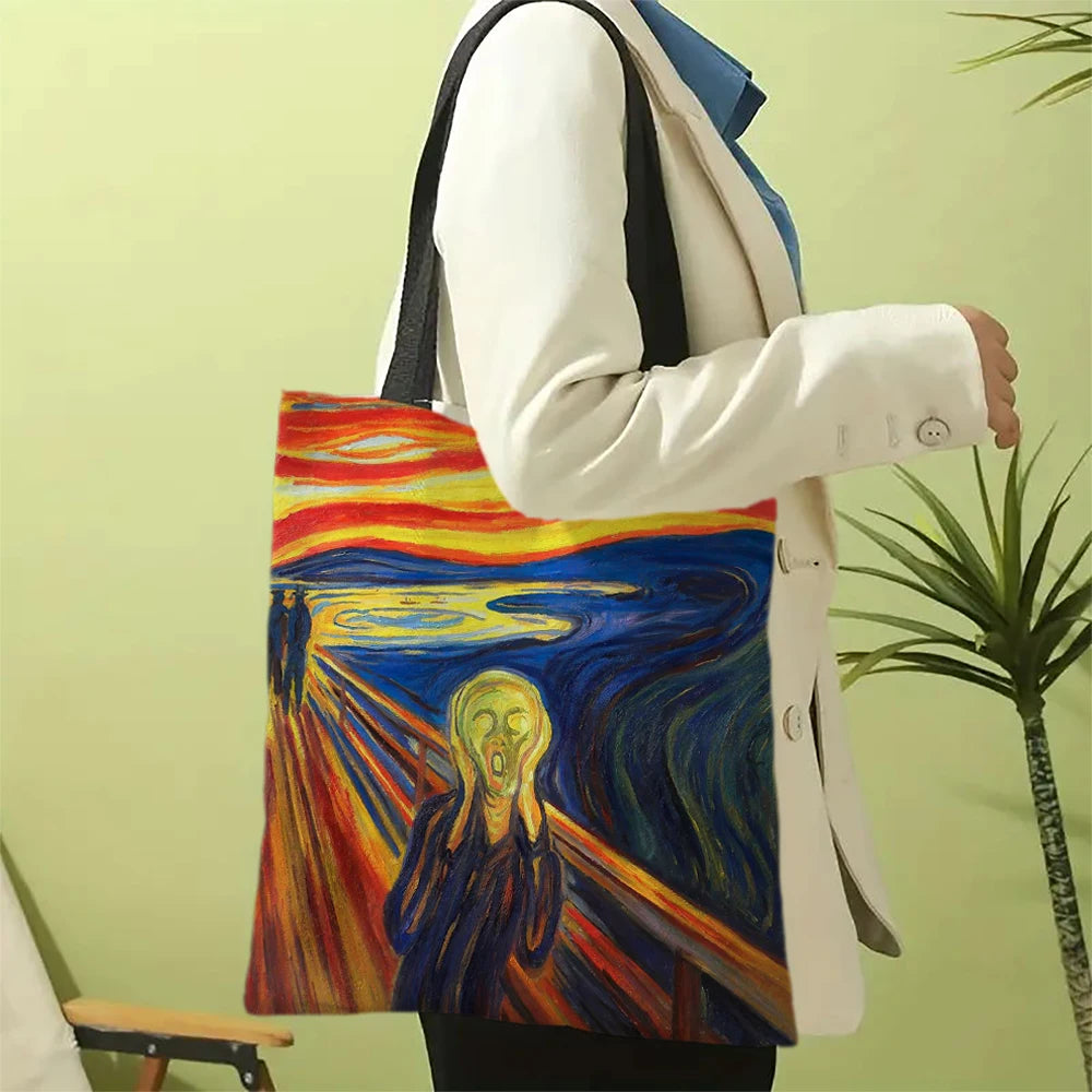 Oil Painting Printed Linen Bag Women's Lightweight Tote Bag Daily Handbag Multi-functional Shopping Bag