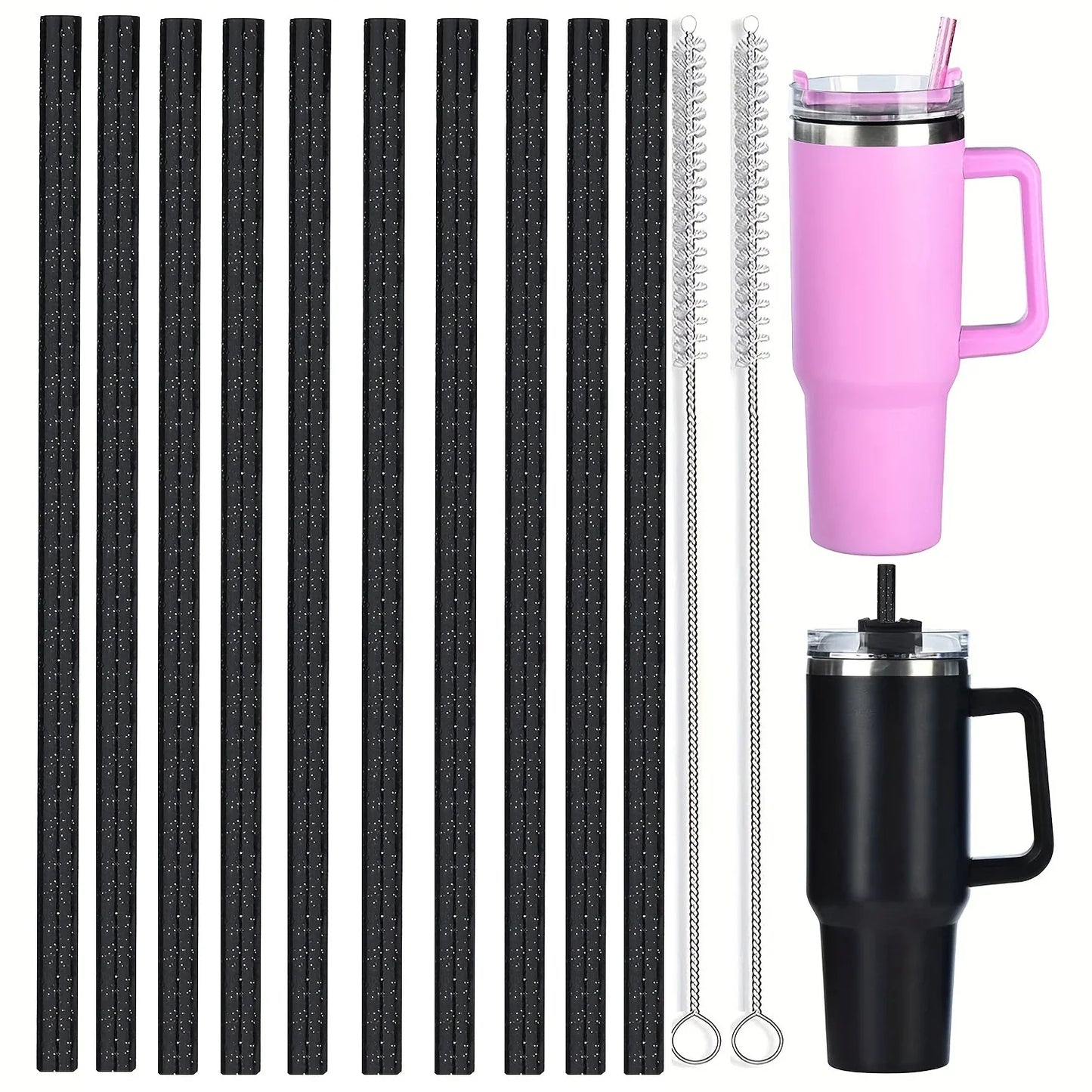 10 Pack Replacement Straws for Stanley Tumbler Color Glitter Reusable Plastic Straws with 2 Cleaning Brush 12 in for Stanley Cup