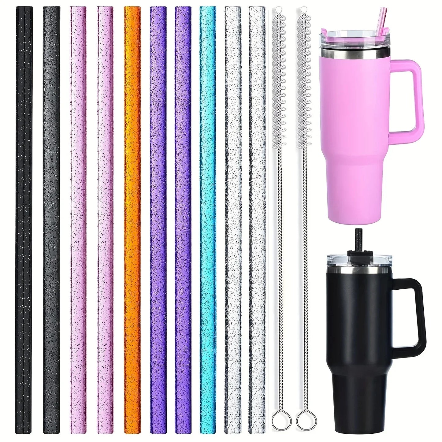 10 Pack Replacement Straws for Stanley Tumbler Color Glitter Reusable Plastic Straws with 2 Cleaning Brush 12 in for Stanley Cup