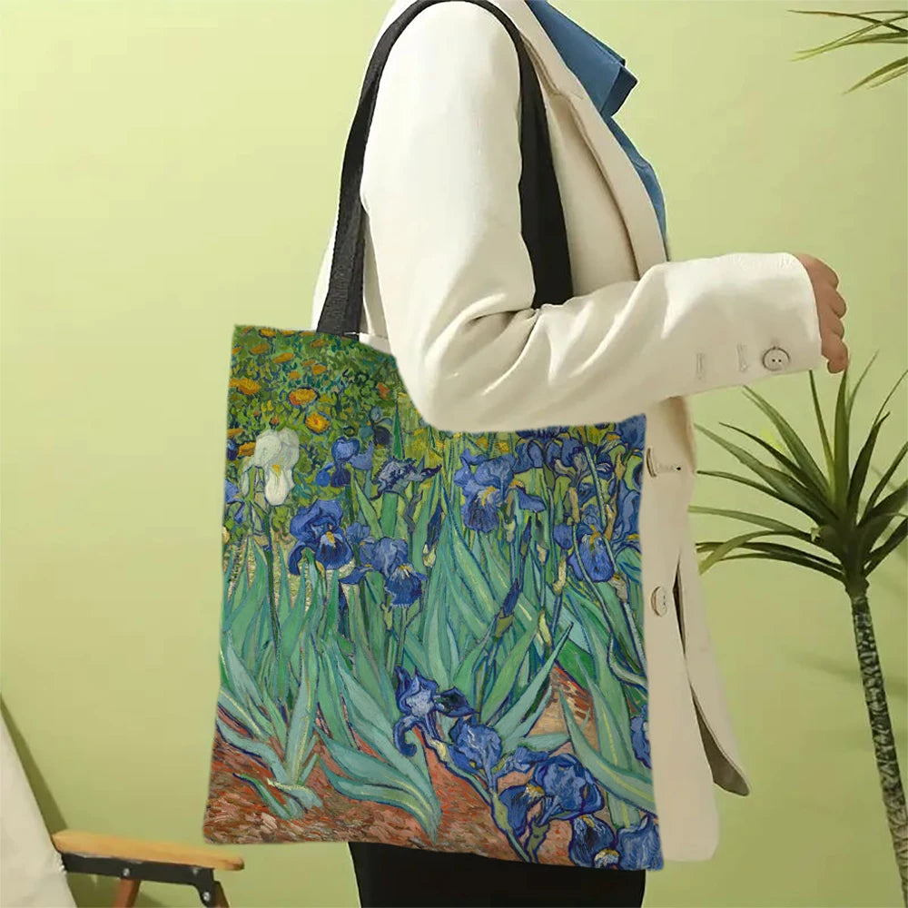 Oil Painting Printed Linen Bag Women's Lightweight Tote Bag Daily Handbag Multi-functional Shopping Bag